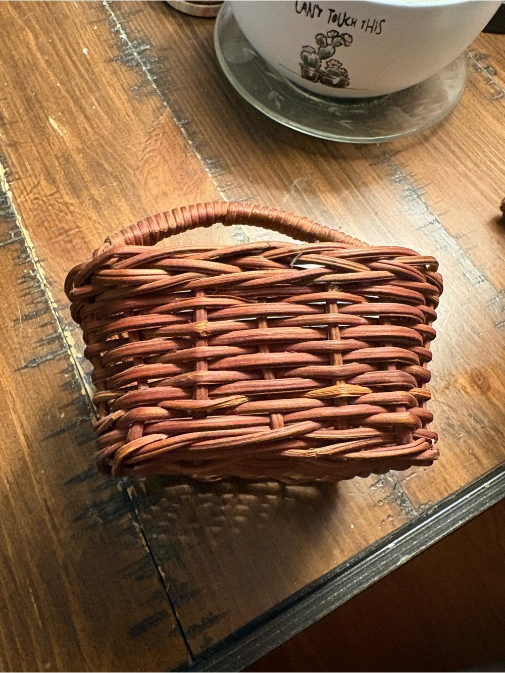 Miniature Brown Woven Wicker Basket with Handle - Rustic Primitive Decor